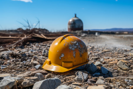 An abandoned hardhat lies on rocky ground, symbolizing labor, industry, and the passage of time in an industrial setting.の素材