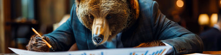 Focused bear clad in business attire meticulously analyzing paperwork, blending wildlife with corporate lifeの素材