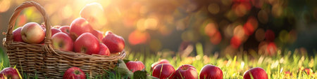 A panorama of ripe red apples in a wicker basket and scattered on the grass, bathed in the warm glow of autumn sunlightの素材