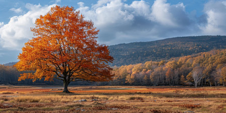 Vibrant orange leaves of a lone tree contrast with the tranquility of a soft hued autumn meadow under a clear skyの素材