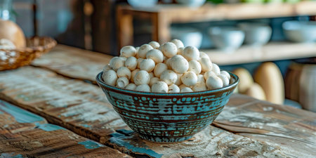 A charming rustic kitchen setting showcasing a ceramic bowl filled with fresh white mushrooms on a weathered wooden tableの素材
