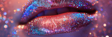 Captivating macro shot of lips coated in radiant glitter, reflecting a spectrum of vivid colors, perfect for vibrant beauty conceptsの素材