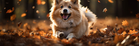 A delighted fluffy dog enjoys a playful run through a vibrant autumn landscape, with leaves cascading around its cheerful formの素材