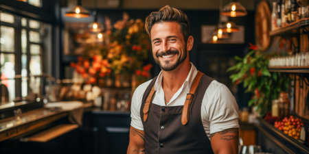 A smiling male bartender wearing an apron stands ready to serve in a warmly lit, stylish bar, with a natural charm that welcomes patrons.の素材