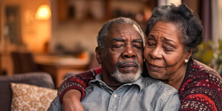 A tender scene captures an elderly couple sharing a loving embrace in the comfort of their living roomの素材