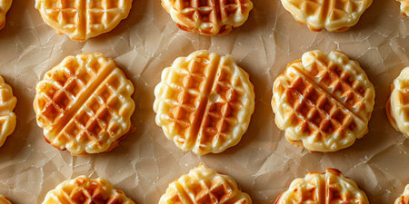 Freshly Baked Mini Waffles with Creamy Topping on Brown Parchment Paper.の素材