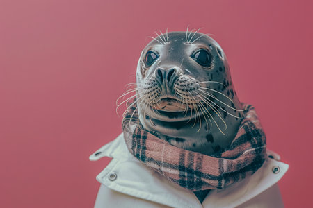 Adorable Seal Pup in Plaid Scarf on Pink Background.の素材