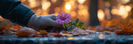 Autumn Scene with Hand in Glove Placing Purple Flower Among Fallen Leaves.の素材