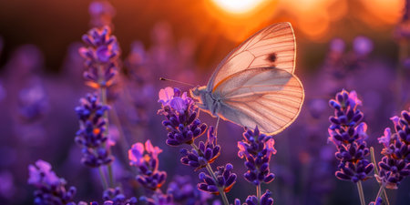 A butterfly is resting on a purple flower in a field.の素材