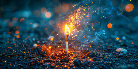 A single matchstick is lit on a dark surface.の素材