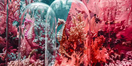 Surreal Underwater Display with Seahorses and Coral Reefs in Glass Domes.の素材