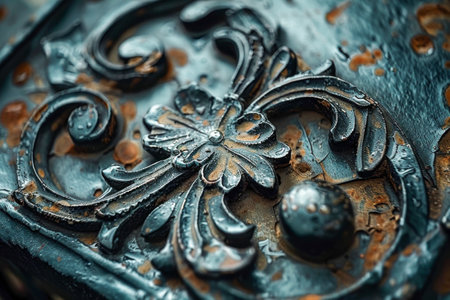 Close-Up Detail of Ornate Metal Embellishment with Blue Tones.の素材