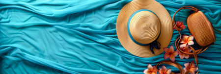 Elegant Summer Accessories and Tropical Flowers on Blue Fabric Background.の素材