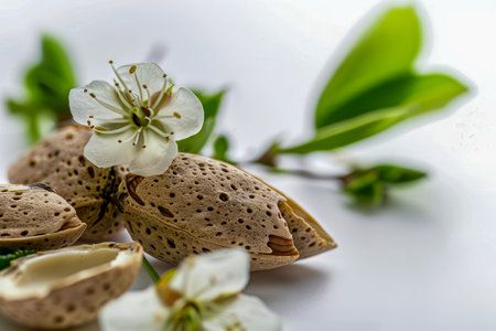 A nut and a flower are on a white background.の素材