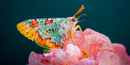 A colorful butterfly is perched on a pink flower.の素材