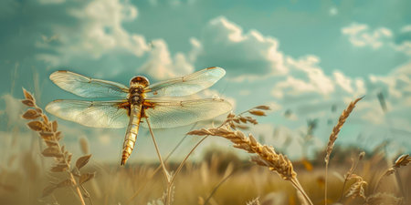 Golden Dragonfly Perched on Wheat in Sunlit Field.の素材
