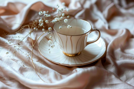 A white cup with a floral design sits on a saucer on a white cloth.の素材