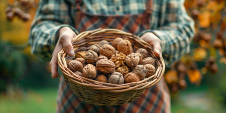 A person is holding a basket full of walnuts.の素材