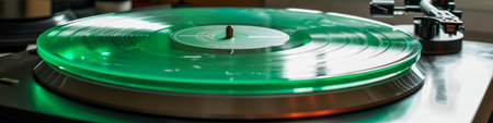 Green Vinyl Record Spinning on Modern Turntable in Close-up View.の素材