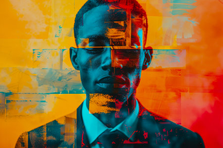 Surreal Portrait of a Man with Vivid Abstract Art Overlay.の素材