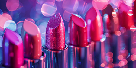 A row of pink lipsticks with glitter on them.の素材