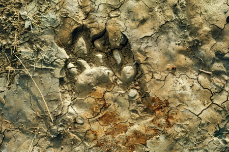 A paw print is visible on a rocky surface.の素材