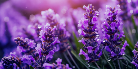 A field of purple lavender flowers with dew on the petals.の素材