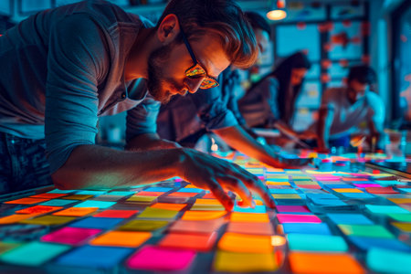 Creative Professional Working with Colorful Sticky Notes in Modern Office.の素材