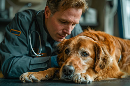 Compassionate Veterinarian Comforting Golden Retriever in Clinic.の素材
