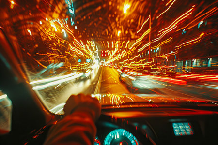 Speeding Through the City at Night Colorful Light Streaks View from Inside a Car.の素材