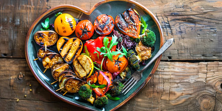 Colorful Grilled Vegetables on Heart Shaped Plate.の素材