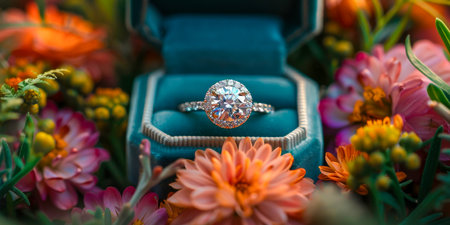 Elegant Engagement Ring Presented in a Floral Setting.の素材