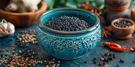 Exotic Spices in Ornate Blue Bowl on Rustic Table Setup.の素材
