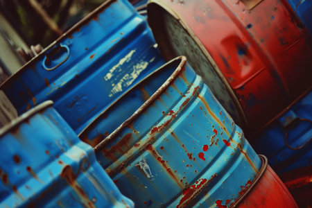 Rustic Blue and Red Industrial Barrels in a Storage Yard.の素材
