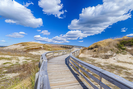 Serene Beachside Wooden Boardwalk Amidst Sandy Dunes Under Blue Sky.の素材