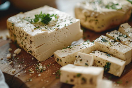 Herbed Feta Cheese Cubes on Wooden Cutting Board.の素材