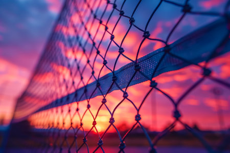 Vibrant Sunset Through Tennis Court Netting with Vivid Skies.の素材