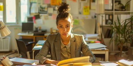 Determined Young Businesswoman Working Late in Office.の素材