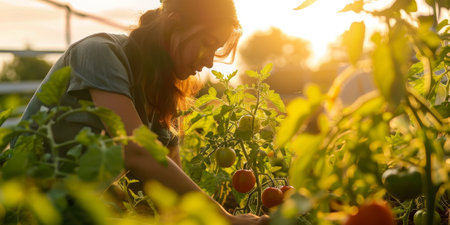 Woman Harvesting Tomatoes in Sunlit Garden.の素材