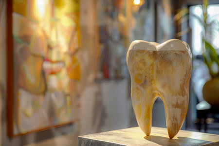 Artistic Representation of a Giant Tooth Sculpture in Gallery Setting.の素材