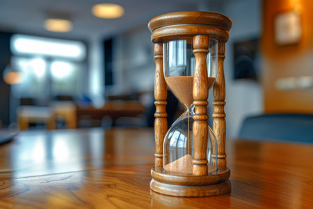 Wooden Hourglass on Table in Modern Office Space.の素材