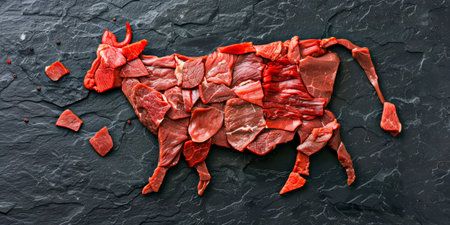 Artistic Display of Sliced Beef in a Cow Silhouette on Black Slate.の素材