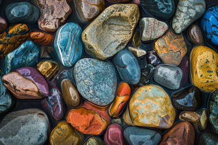Colorful Wet Pebbles with Natural Patterns and Textures.の素材