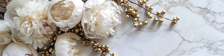 Elegant White Peonies and Golden Berries on Marble Background.の素材