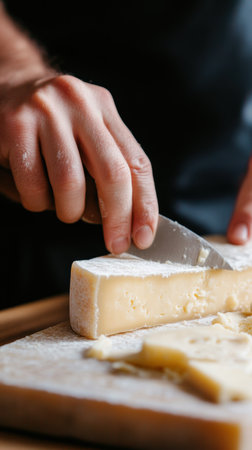 Close up of a person cutting a block of artisanal cheese with a knife on a wooden board.の素材
