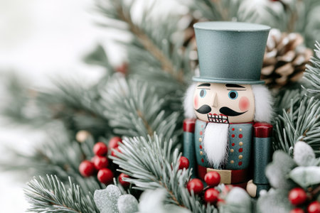 Nutcracker soldier ornament nestled among frosted pine branches with festive red berries.の素材
