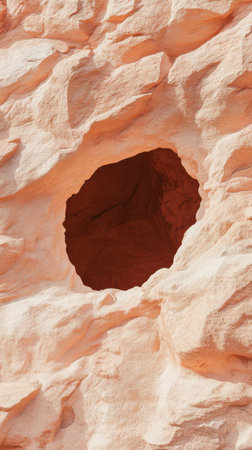 Natural erosion creates a unique cave formation in a sandy red rock cliff face, highlighted by sunlight.の素材