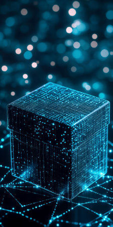 Futuristic digital cube with glowing neon grid in abstract technological network design.の素材