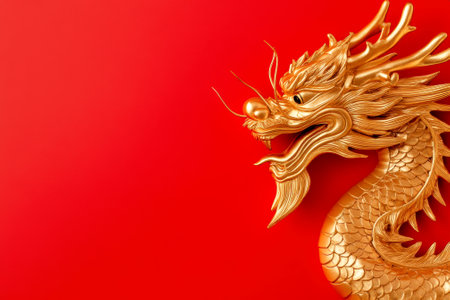 Golden dragon sculpture on vibrant red background symbolizing power and prosperity in traditional art.の素材
