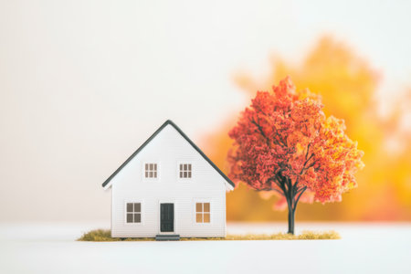 Minimalist white house model with autumn tree on a soft gradient background reflecting seasonal change.の素材